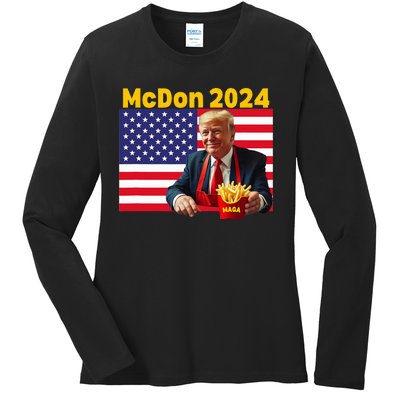 Mcdon 2024 Funny Donald Trump Cooking Fries Ladies Long Sleeve Shirt