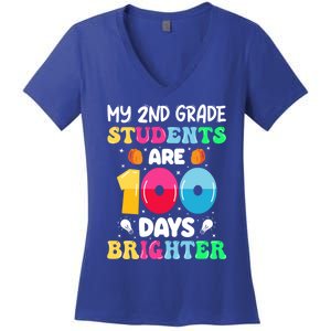 My 2nd Grade Students Are 100 Days Brighter 100 Days Of Meaningful Gift Women's V-Neck T-Shirt