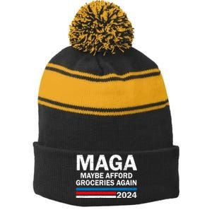 Maga 2024 Maybe Afford Groceries Again Retro Trump 2024 Stripe Pom Pom Beanie