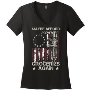 Maga 2024 Maybe Afford Groceries Again Funny American Flag Women's V-Neck T-Shirt