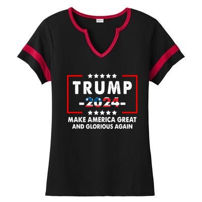 MAGAGA 2024 Make America Great And Glorious Again Trump Shirt Ladies Halftime Notch Neck Tee