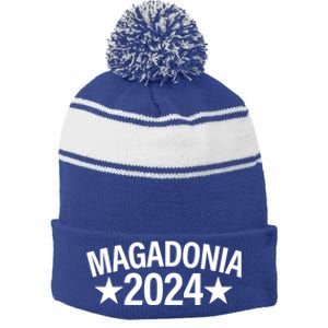 Magadonia 2024 Trump Supporter Proud Trump Voter Magadonian Stripe Pom Pom Beanie