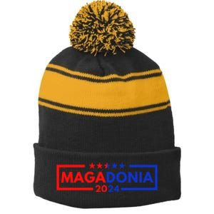 Magadonia 2024 Trump Supporter Proud Trump Voter Magadonian Stripe Pom Pom Beanie