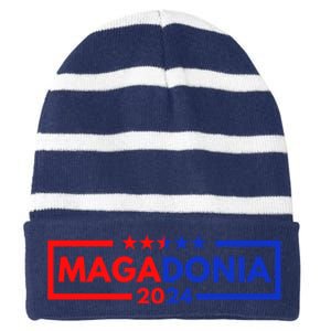 Magadonia 2024 Trump Supporter Proud Trump Voter Magadonian Striped Beanie with Solid Band