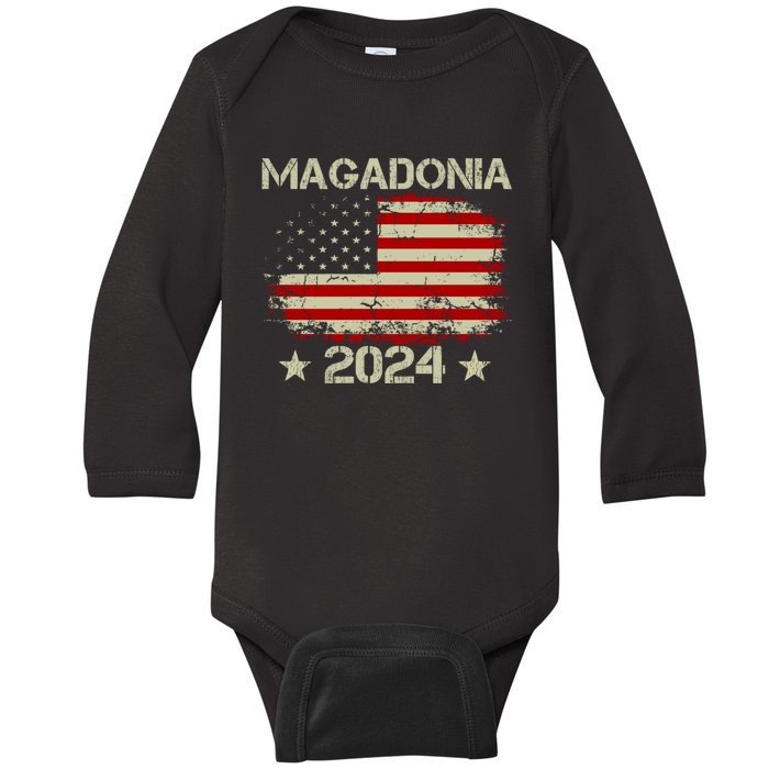 Magadonia 2024 Trump Supporter Proud Trump Voter Magadonian Baby Long Sleeve Bodysuit