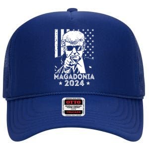 Magadonia 2024 Trump Supporter Proud Trump Voter Magadonian High Crown Mesh Back Trucker Hat