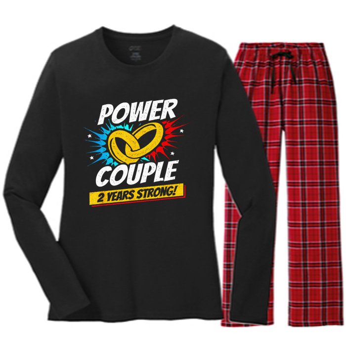 Married 2 Years Power Couple 2nd Wedding Anniversary Women's Long Sleeve Flannel Pajama Set 