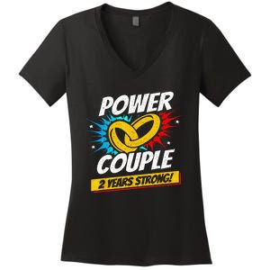 Married 2 Years Power Couple 2nd Wedding Anniversary Women's V-Neck T-Shirt