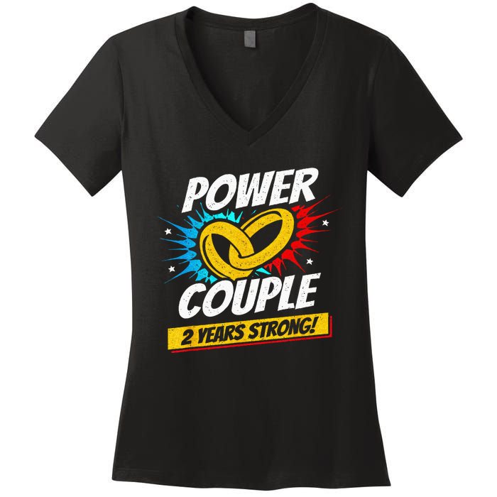 Married 2 Years Power Couple 2nd Wedding Anniversary Women's V-Neck T-Shirt