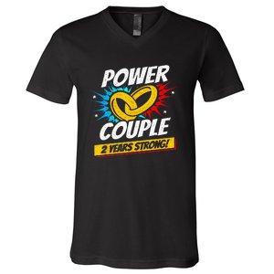 Married 2 Years Power Couple 2nd Wedding Anniversary V-Neck T-Shirt