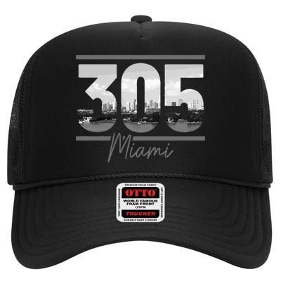 Miami 305 Area Code Skyline Florida Vintage High Crown Mesh Back Trucker Hat