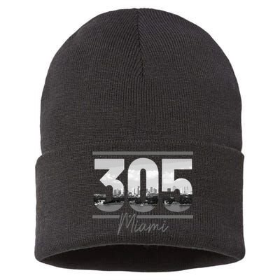 Miami 305 Area Code Skyline Florida Vintage Sustainable Knit Beanie