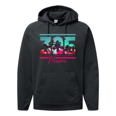 Miami 305 Area Code Florida Vintage Palm Trees Pride Retro Performance Fleece Hoodie