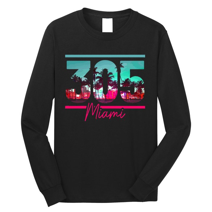 Miami 305 Area Code Florida Vintage Palm Trees Pride Retro Long Sleeve Shirt