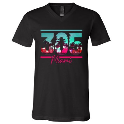 Miami 305 Area Code Florida Vintage Palm Trees Pride Retro V-Neck T-Shirt