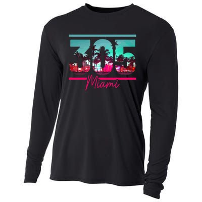 Miami 305 Area Code Florida Vintage Palm Trees Pride Retro Cooling Performance Long Sleeve Crew