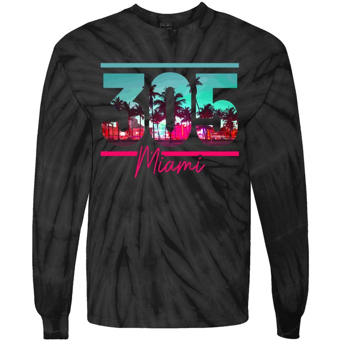 Miami 305 Area Code Florida Vintage Palm Trees Pride Retro Tie-Dye Long Sleeve Shirt