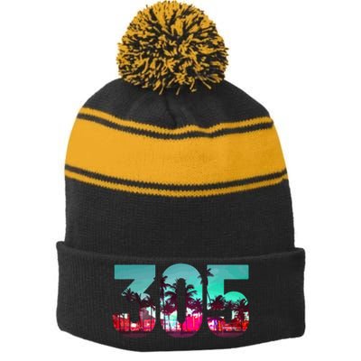 Miami 305 Area Code Florida Vintage Palm Trees Pride Retro Stripe Pom Pom Beanie