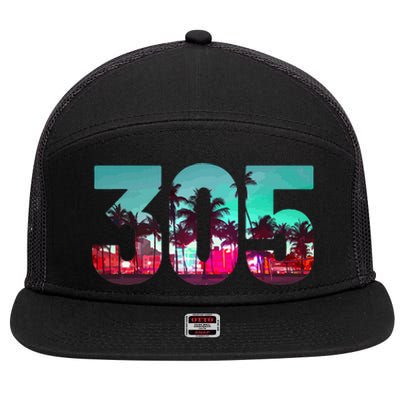 Miami 305 Area Code Florida Vintage Palm Trees Pride Retro 7 Panel Mesh Trucker Snapback Hat