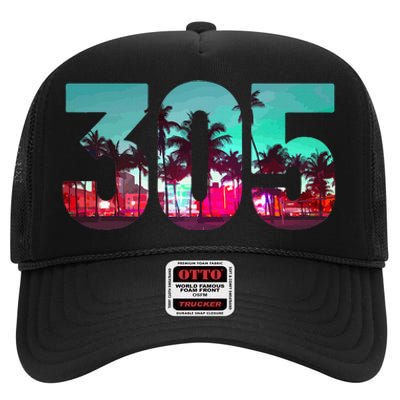 Miami 305 Area Code Florida Vintage Palm Trees Pride Retro High Crown Mesh Back Trucker Hat