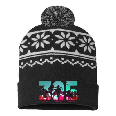 Miami 305 Area Code Florida Vintage Palm Trees Pride Retro USA-Made Snowflake Beanie