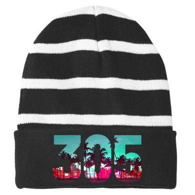 Miami 305 Area Code Florida Vintage Palm Trees Pride Retro Striped Beanie with Solid Band