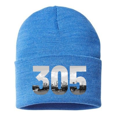 Miami 305 Area Code Skyline Florida Vintage Sustainable Knit Beanie