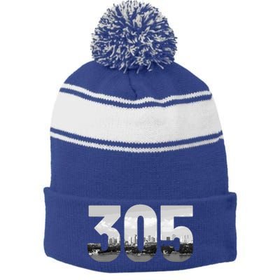 Miami 305 Area Code Skyline Florida Vintage Stripe Pom Pom Beanie