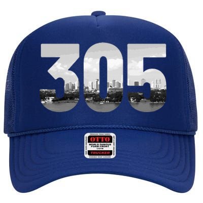 Miami 305 Area Code Skyline Florida Vintage High Crown Mesh Back Trucker Hat