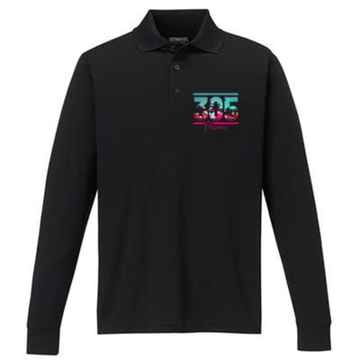 Miami 305 Area Code Florida Vintage Palm Trees Pride Retro Performance Long Sleeve Polo