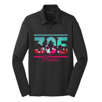 Miami 305 Area Code Florida Vintage Palm Trees Pride Retro Silk Touch Performance Long Sleeve Polo