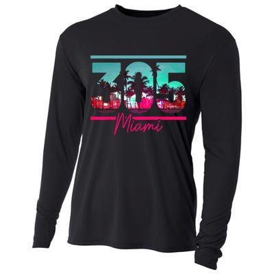 Miami 305 Area Code Florida Vintage Palm Trees Pride Retro Cooling Performance Long Sleeve Crew