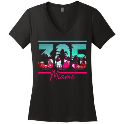 Miami 305 Area Code Florida Vintage Palm Trees Pride Retro Women's V-Neck T-Shirt