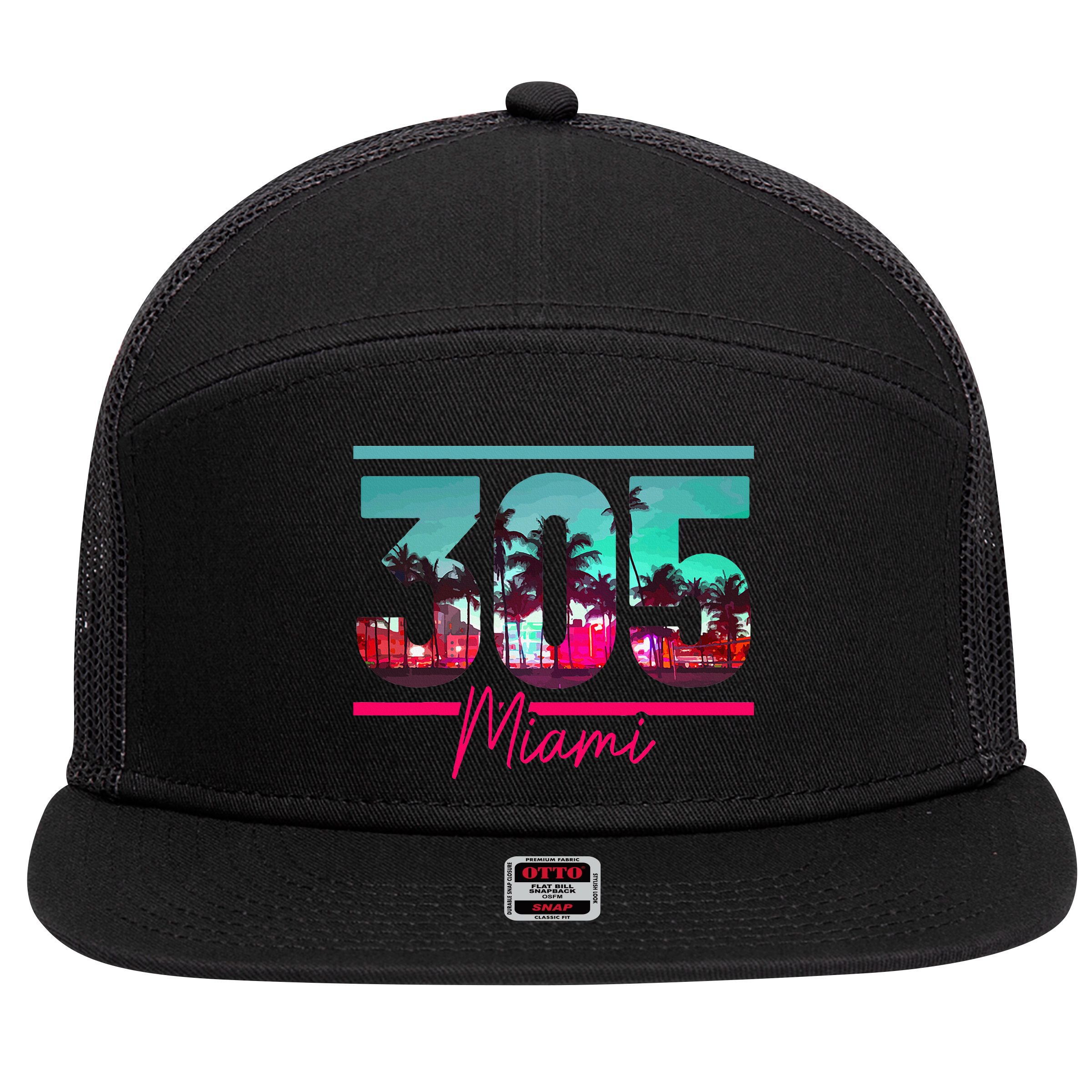 Miami 305 Area Code Florida Vintage Palm Trees Pride Retro 7 Panel Mesh Trucker Snapback Hat