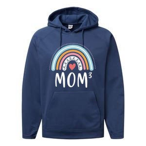 Mom 3 Funny Gift Mama Of Three Triplet Mom Rainbow Gift Performance Fleece Hoodie