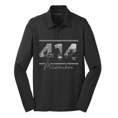 Milwaukee 414 Area Code Skyline Wisconsin Vintage Silk Touch Performance Long Sleeve Polo