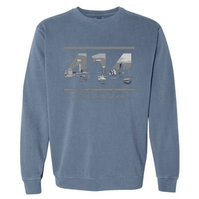 Milwaukee 414 Area Code Skyline Wisconsin Vintage Garment-Dyed Sweatshirt