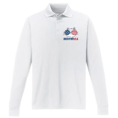 Meowica Cat 4th Of July Memorial Day Gift Performance Long Sleeve Polo