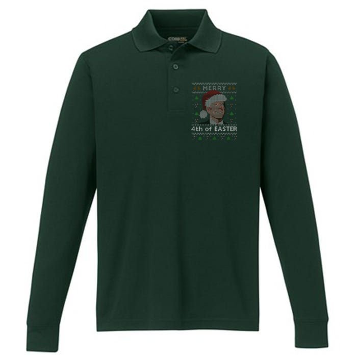 Merry 4th Of Easter Funny Biden Confusion Ugly Christmas Performance Long Sleeve Polo