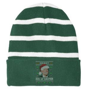 Merry 4th Of Easter Funny Biden Confusion Ugly Christmas Striped Beanie with Solid Band