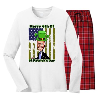 Merry 4th Of St Patricks Day Joe Biden Leprechaun Hat Women's Long Sleeve Flannel Pajama Set 