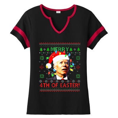 Merry 4th Of Easter Santa Joe Biden Ugly Christmas Sweater  Ladies Halftime Notch Neck Tee