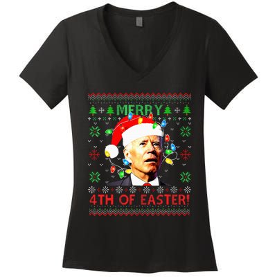 Merry 4th Of Easter Santa Joe Biden Ugly Christmas Sweater  Women's V-Neck T-Shirt