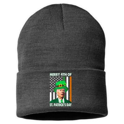Merry 4th Of St Patrick's Day Confused Joe Biden Funny Sustainable Knit Beanie