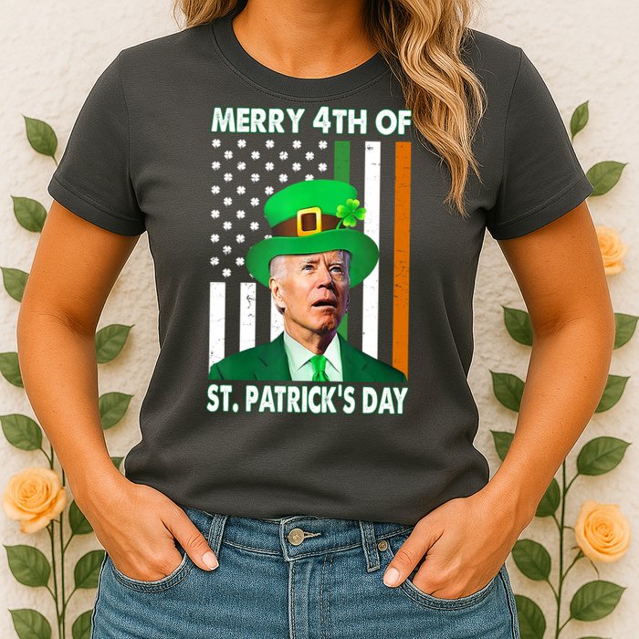 Merry 4th Of St Patrick's Day Confused Joe Biden Funny Womens T-Shirt