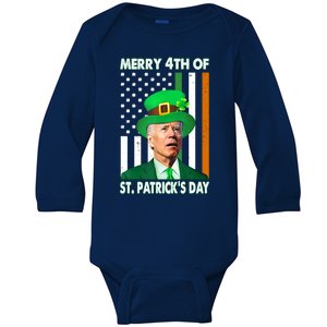 Merry 4th Of St Patrick's Day Confused Joe Biden Funny Baby Long Sleeve Bodysuit