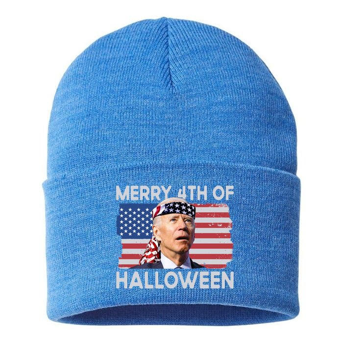 Merry 4th Of Halloween Confused Biden 4th Of July Cool Gift Sustainable Knit Beanie