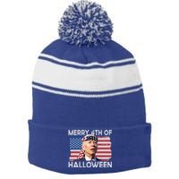 Merry 4th Of Halloween Confused Biden 4th Of July Cool Gift Stripe Pom Pom Beanie