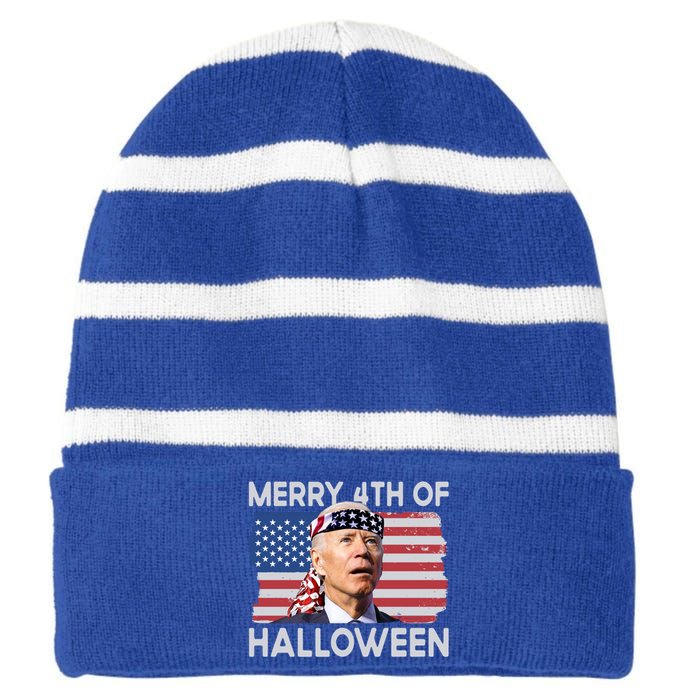 Merry 4th Of Halloween Confused Biden 4th Of July Cool Gift Striped Beanie with Solid Band