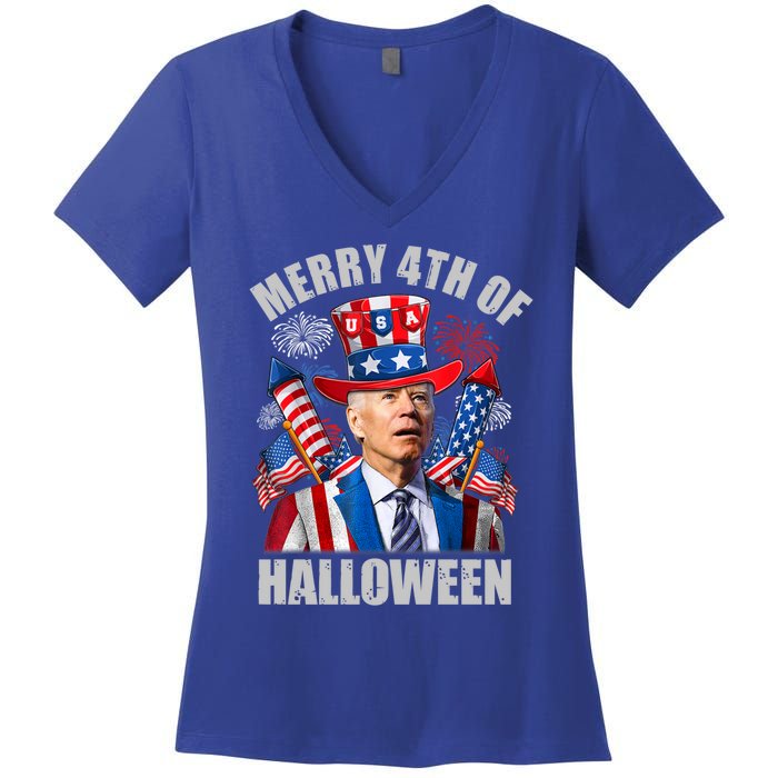 Merry 4th Of Halloween Joe Biden Confused 4th Of July 2024 Gift Women's V-Neck T-Shirt